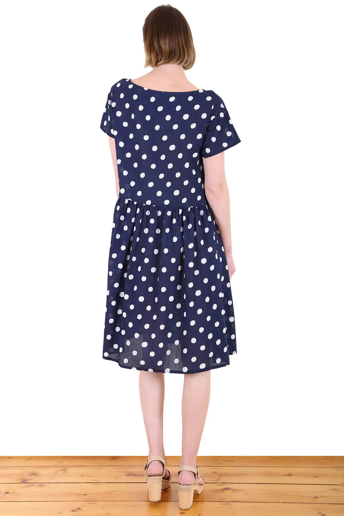 Cyan Spot Drop Waist Dress Navy in Seersucker