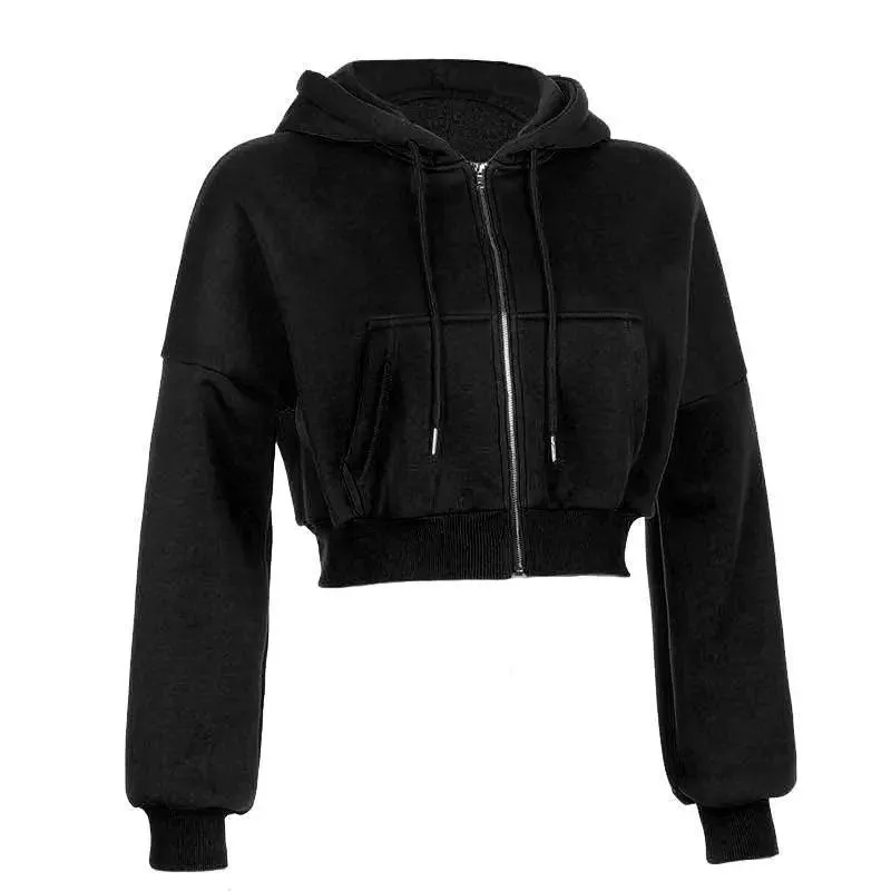 Drawstring Active Full Zip Up Hoodie - Black