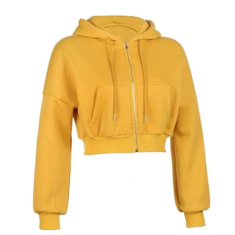 Drawstring Active Full Zip Up Hoodie - Yellow