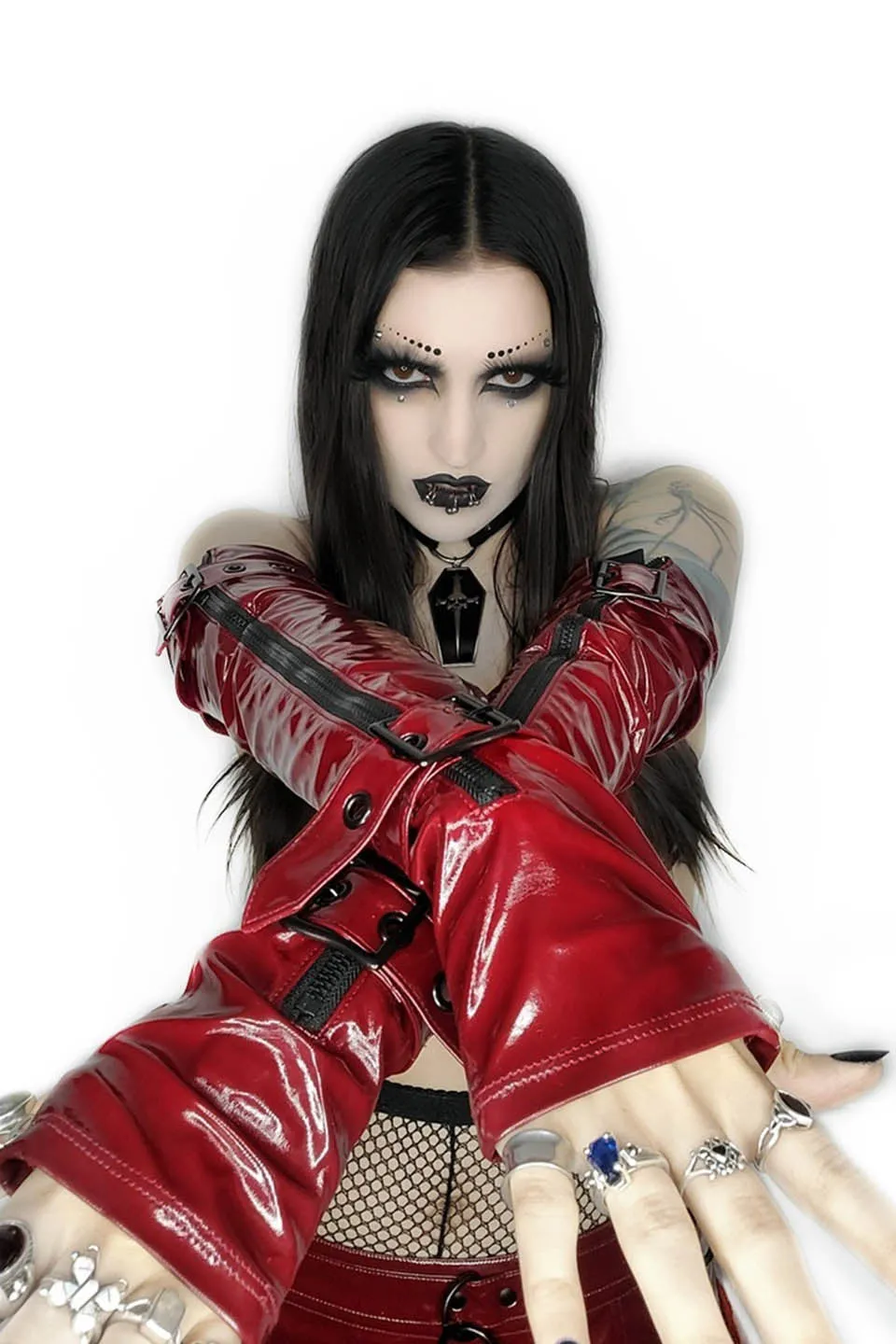 Elbow Length Fingerless PVC Gloves in VAMPIRE RED