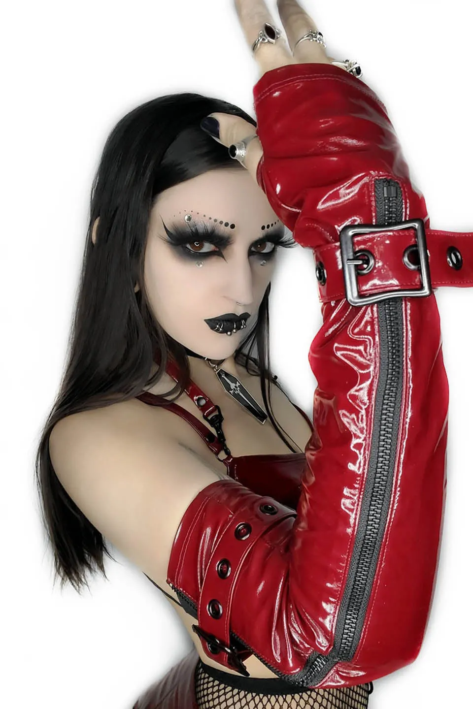 Elbow Length Fingerless PVC Gloves in VAMPIRE RED