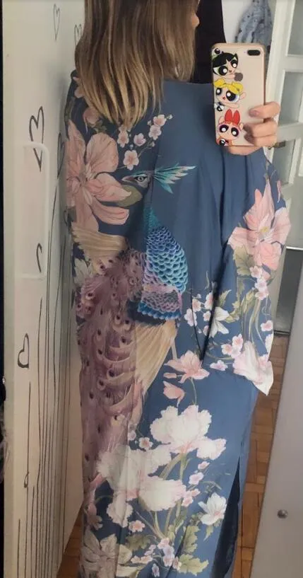 Ethnic Lace-Up V-Neck Kimono Robe with Peacock Print