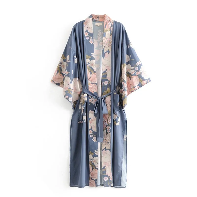 Ethnic Lace-Up V-Neck Kimono Robe with Peacock Print