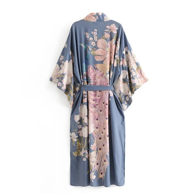 Ethnic Lace-Up V-Neck Kimono Robe with Peacock Print