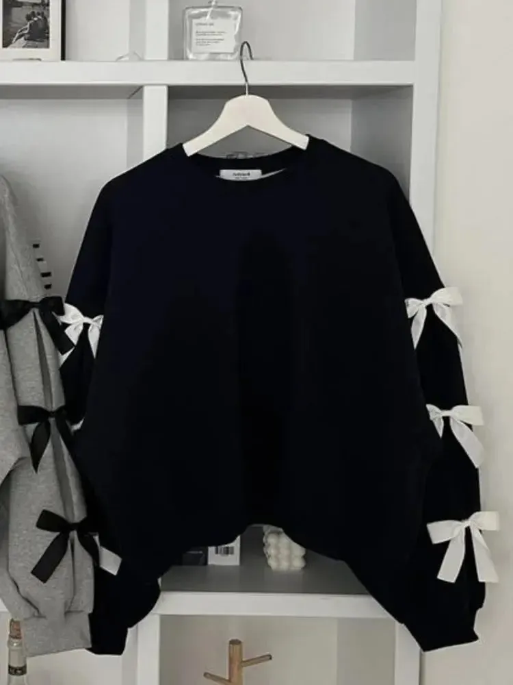 [EWQ] New Fashion O Neck Loose Bow Long Sleeve Hoodie Korea Chic Gray Navy Blue Sweatshirt For Women 2024 Spring Autumn 16U8360