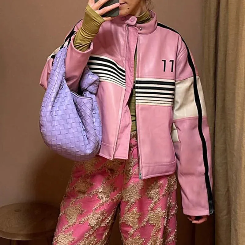 Fashion Pink Stripe Autumn Winter Jacket Women Spliced Zip Up PU Leather Coat Streetwear Coquette Clothes Outwear New