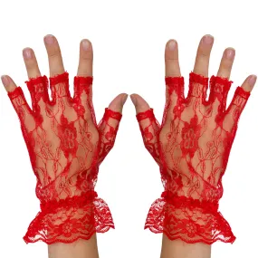 Fingerless Lace Red Gloves - Ladies and Girls Ruffled Lace Finger Free Bridal Wrist Gloves