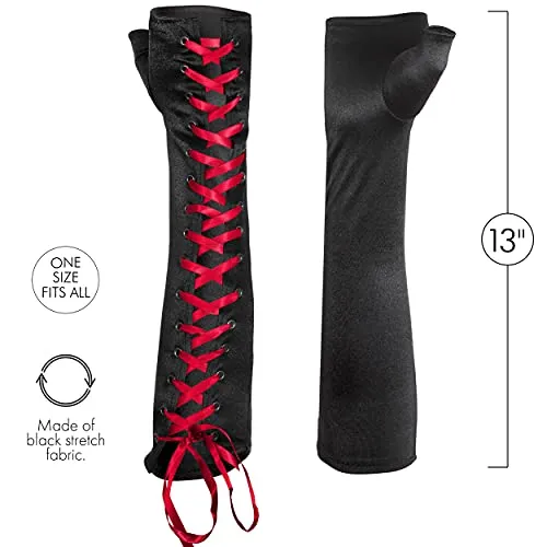 Fingerless Lace Up Gloves -  Long Black Costume Elbow Arm Warmer Accessories with Red Satin Laced Tie for Dress Up