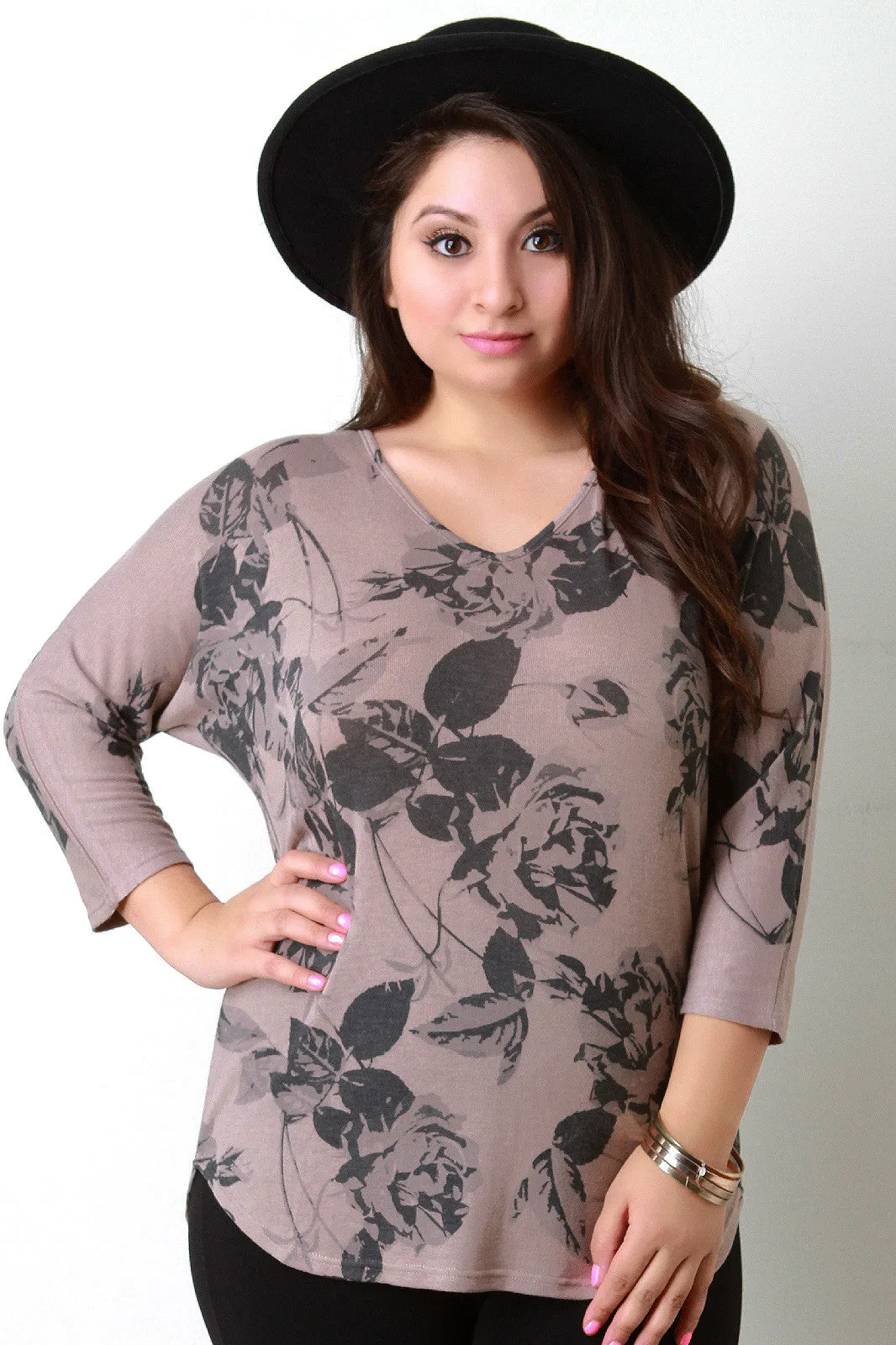 Floral Print V-Neck Dolman Sleeves Top