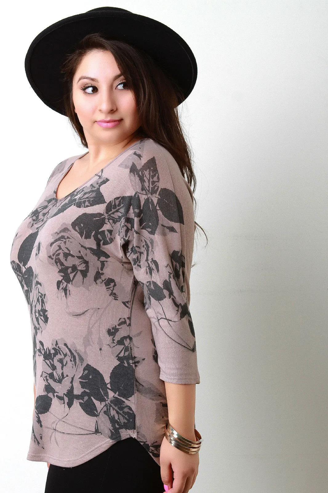 Floral Print V-Neck Dolman Sleeves Top