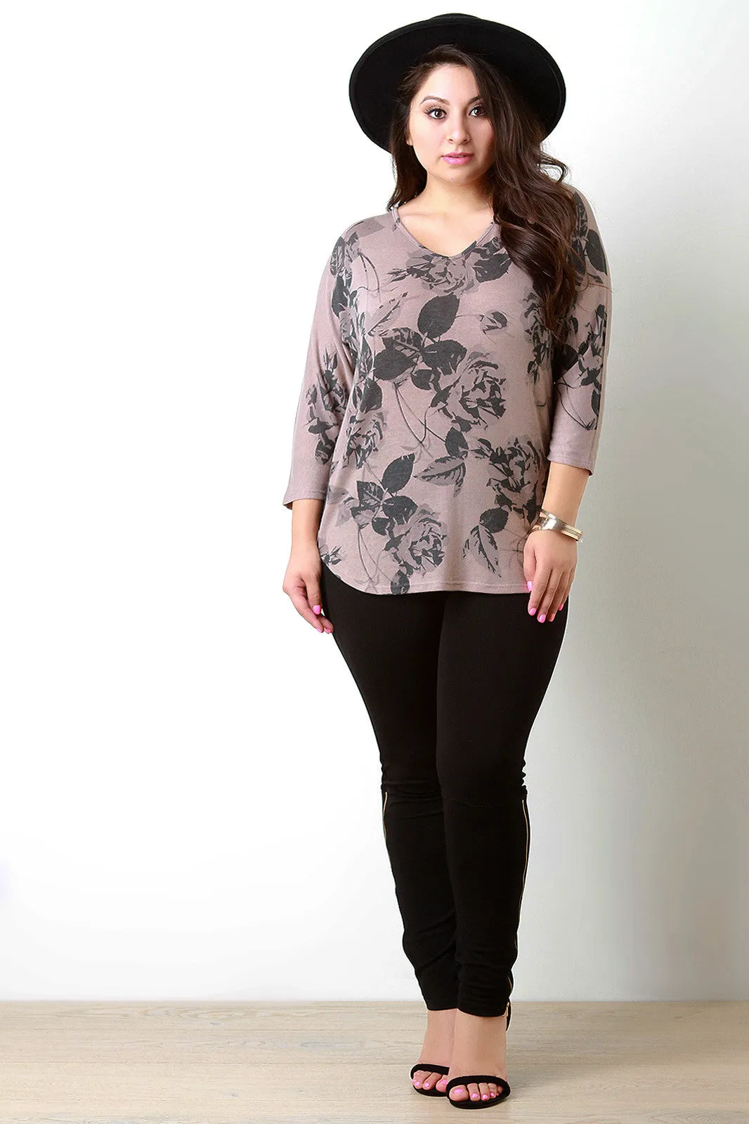 Floral Print V-Neck Dolman Sleeves Top