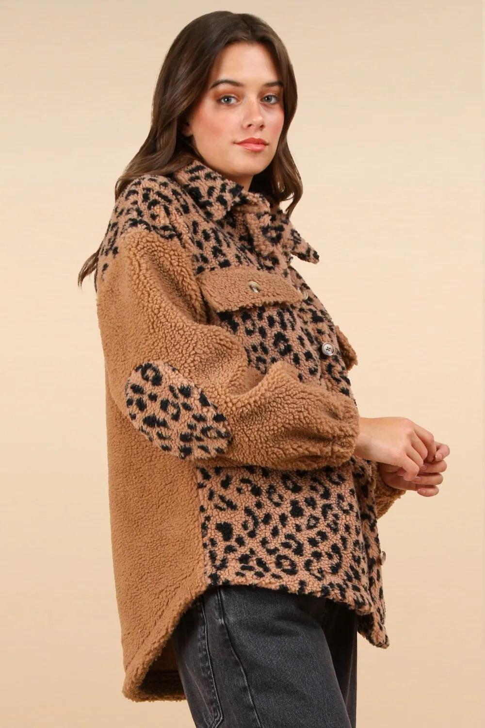 Fuzzy Leopard Button Down Long Sleeve Jacket