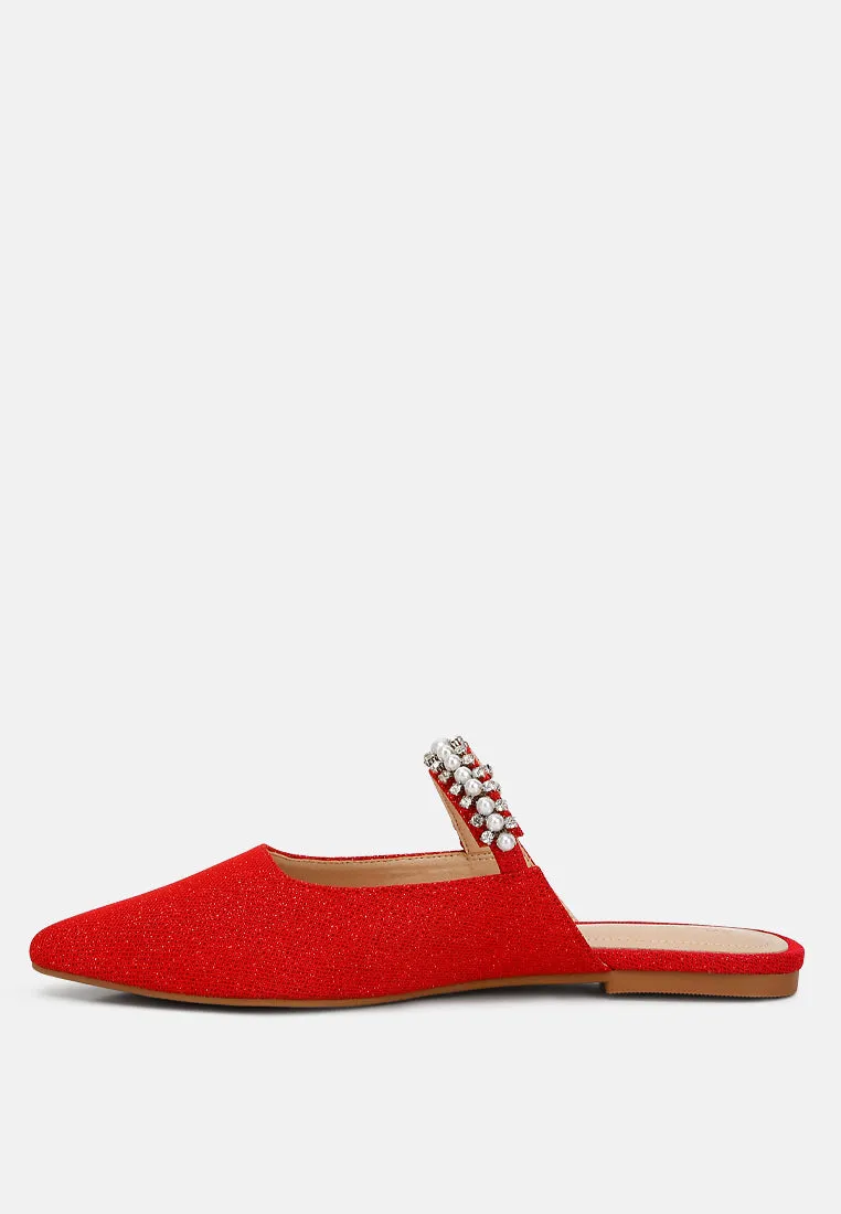 GEODE Pearl Embellished Slip On Mules In Red