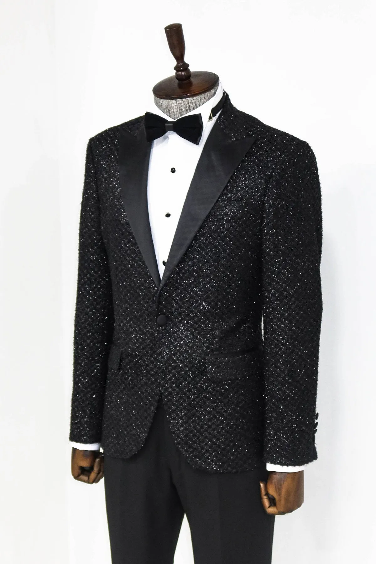 Gingham Patterned Glitter Black Men Party Blazer - Wessi