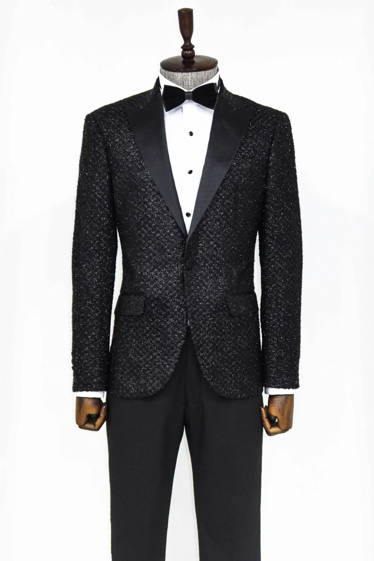 Gingham Patterned Glitter Black Men Party Blazer - Wessi