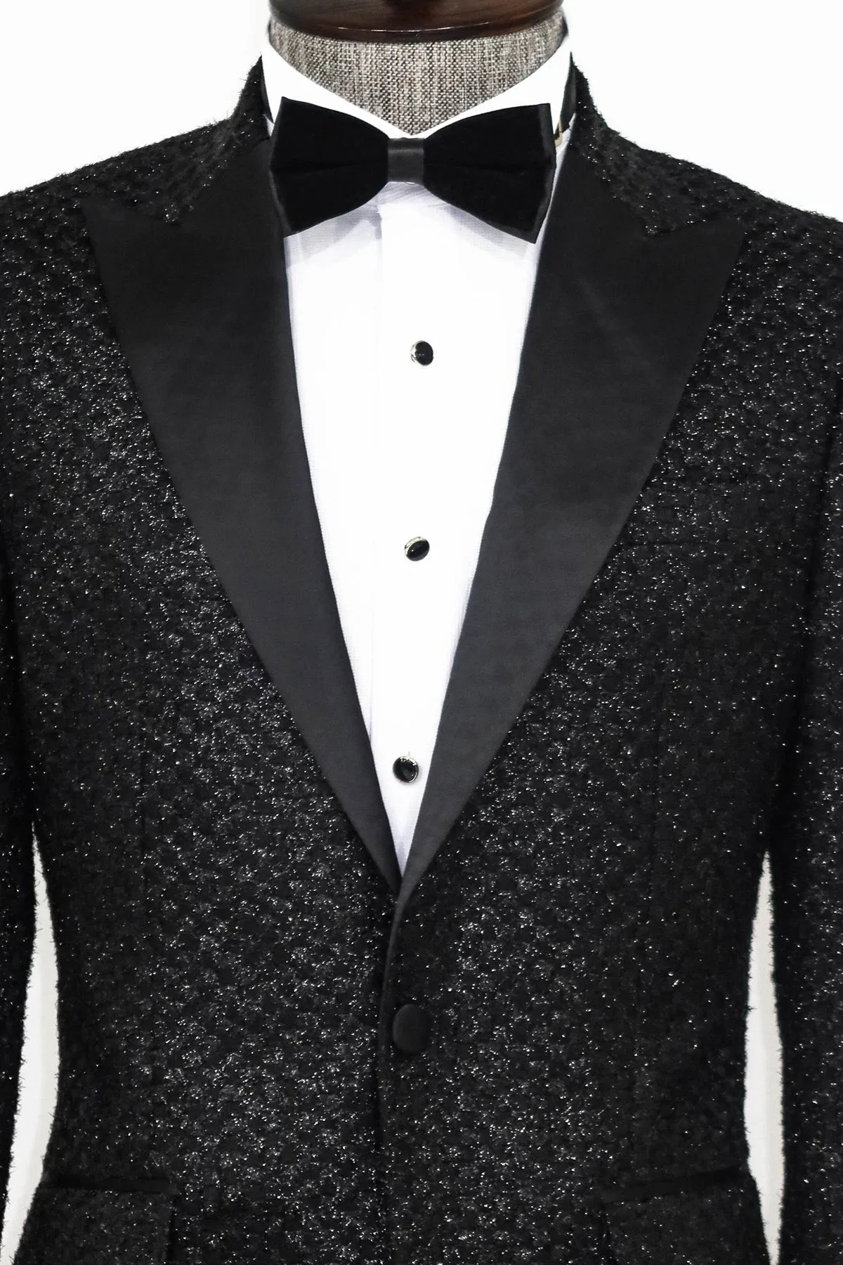 Gingham Patterned Glitter Black Men Party Blazer - Wessi