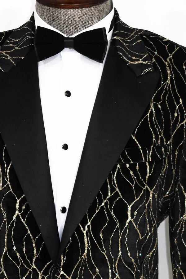 Gold Patterned Over Black Velvet Men Evening Tuxedo Blazer - Wessi