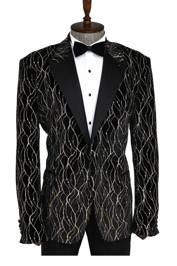 Gold Patterned Over Black Velvet Men Evening Tuxedo Blazer - Wessi