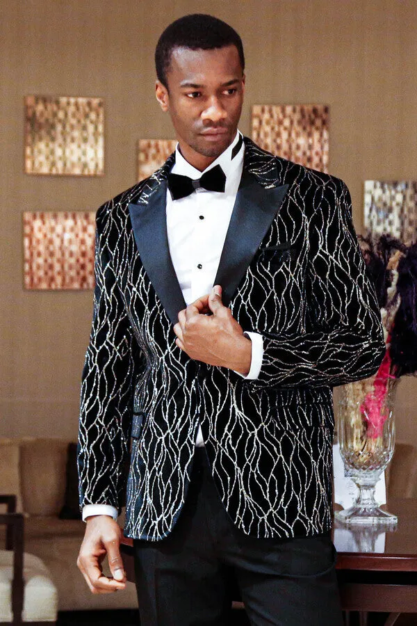 Gold Patterned Over Black Velvet Men Evening Tuxedo Blazer - Wessi