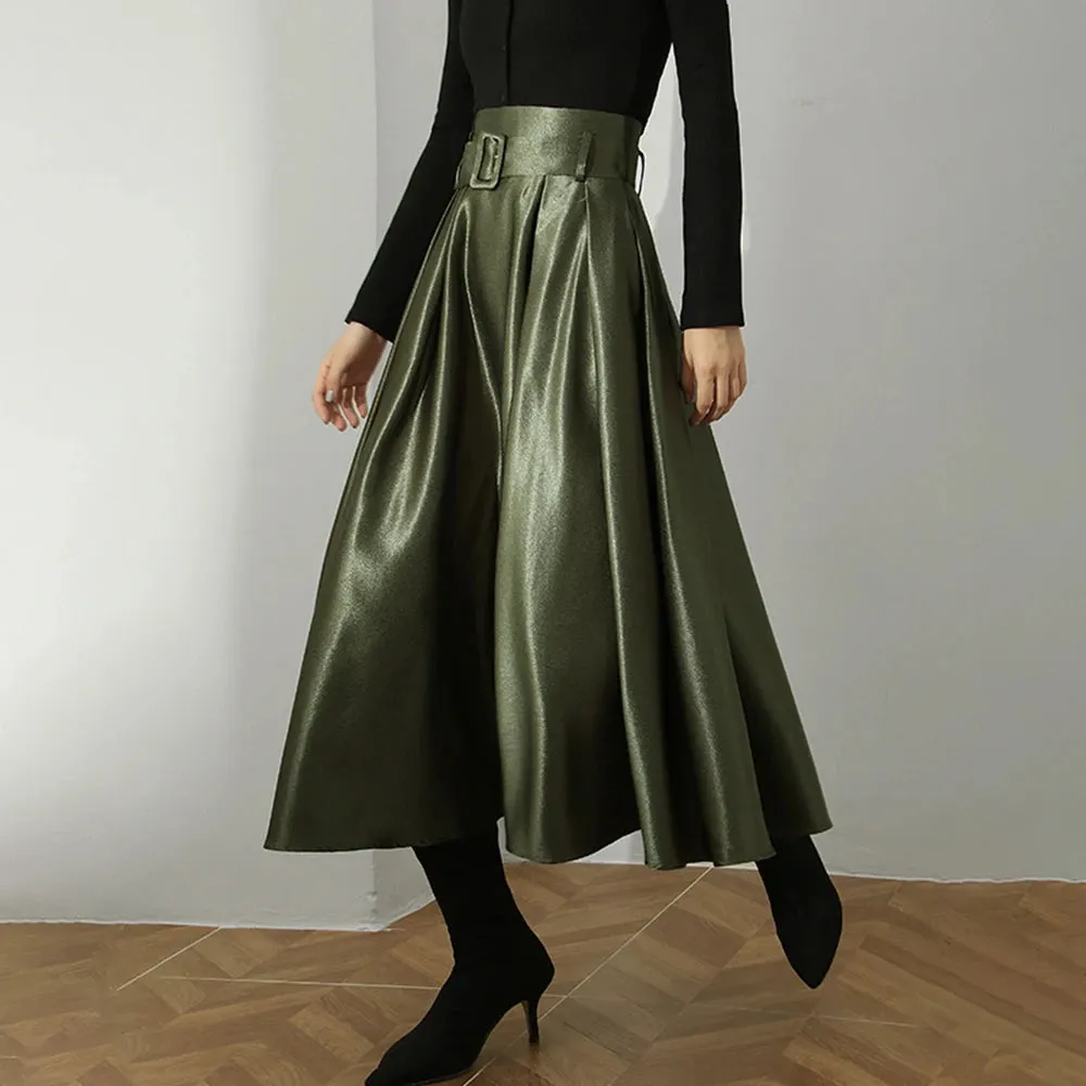 Green Ruched Temperament Skirt For Women High Waist Sashes Minimalist Skirts Female Fashion Clothing