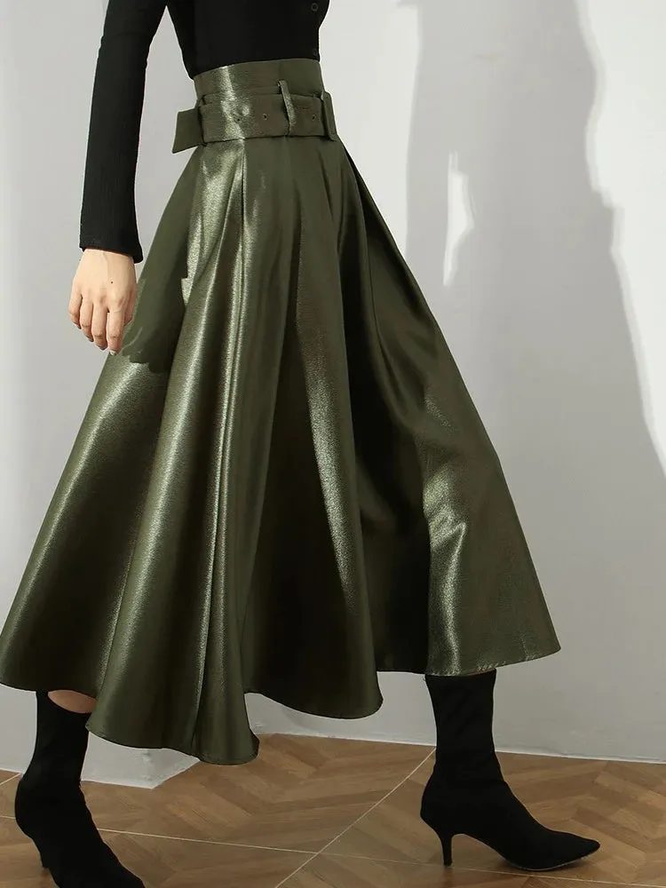 Green Ruched Temperament Skirt For Women High Waist Sashes Minimalist Skirts Female Fashion Clothing