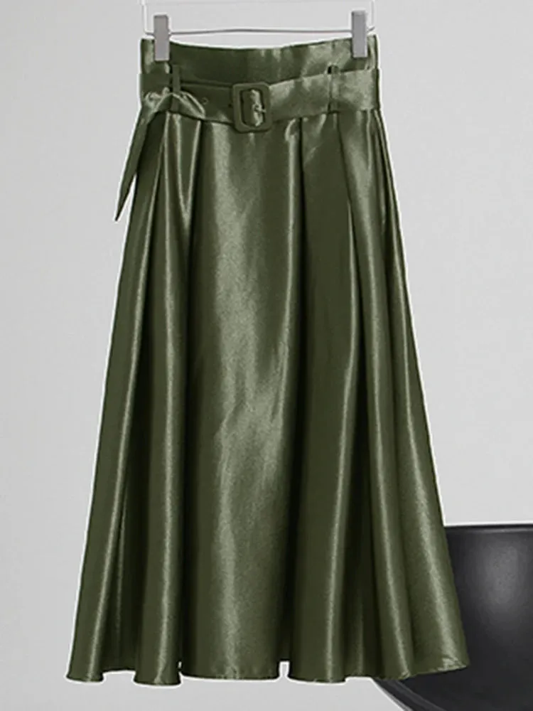 Green Ruched Temperament Skirt For Women High Waist Sashes Minimalist Skirts Female Fashion Clothing