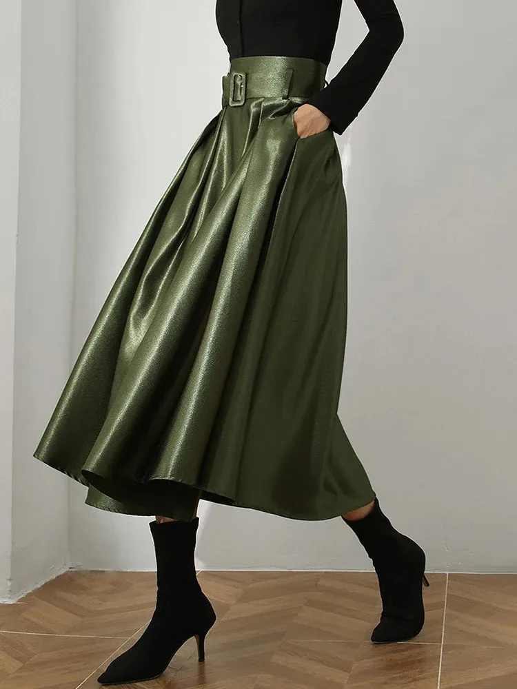 Green Ruched Temperament Skirt For Women High Waist Sashes Minimalist Skirts Female Fashion Clothing