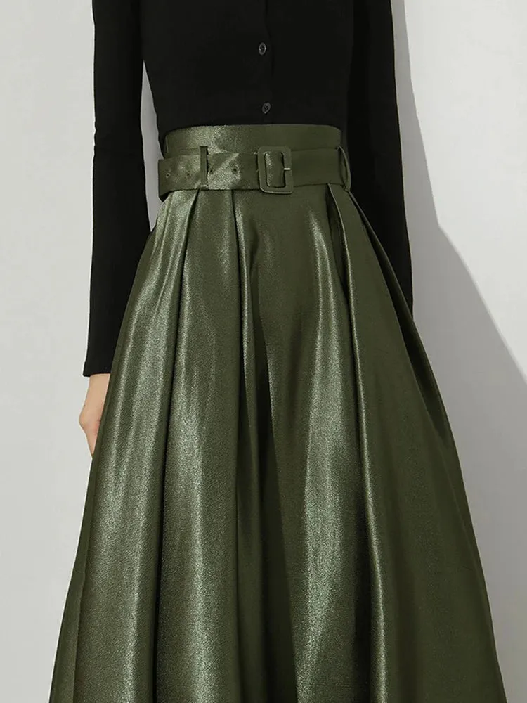 Green Ruched Temperament Skirt For Women High Waist Sashes Minimalist Skirts Female Fashion Clothing