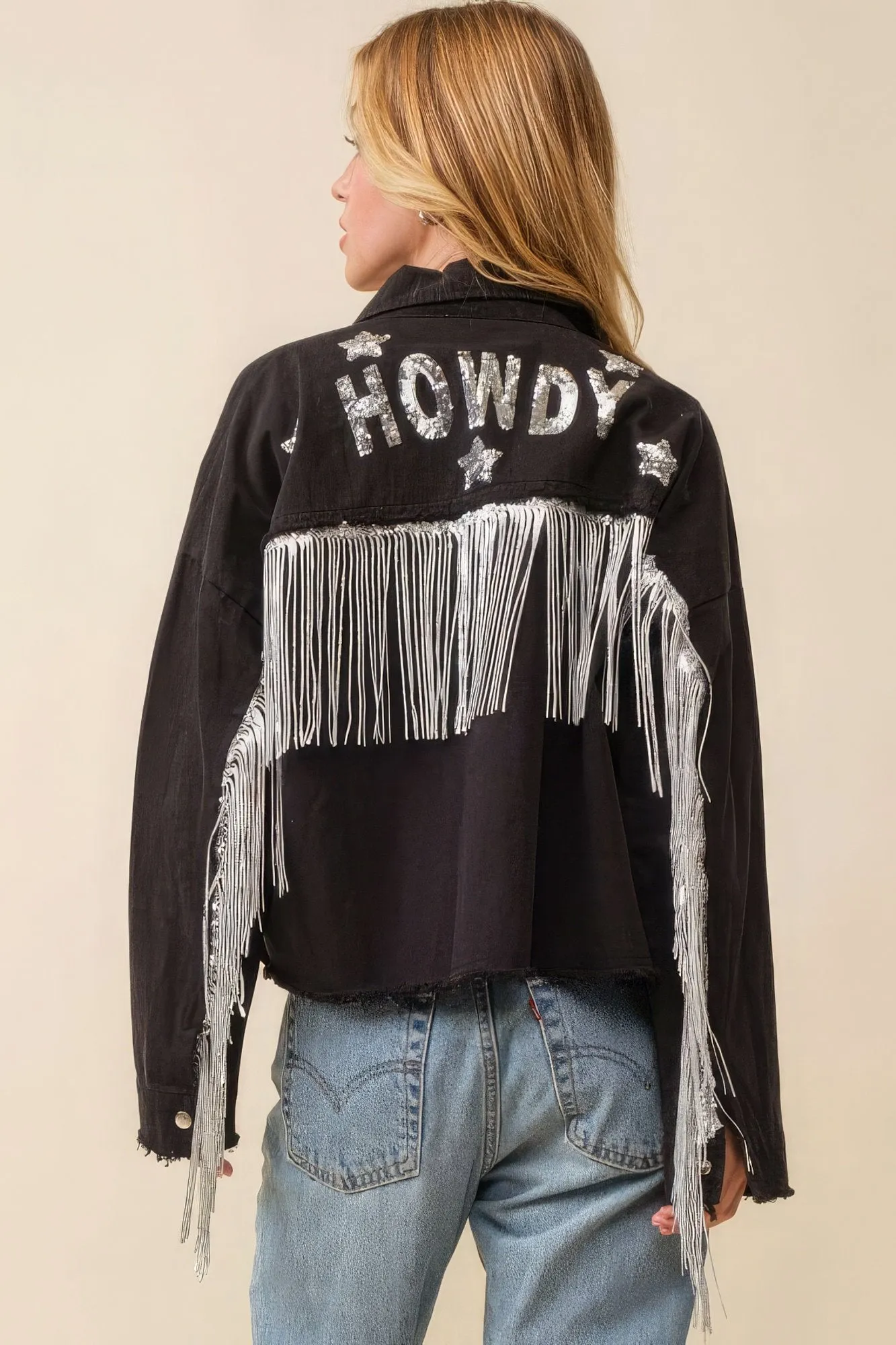 Howdy sequin fringe and star patches jacket