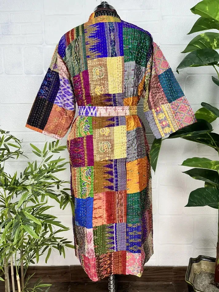 Kantha Pure Cotton Reversible Long Kimono Women Jacket Patchwork Print Multicolor