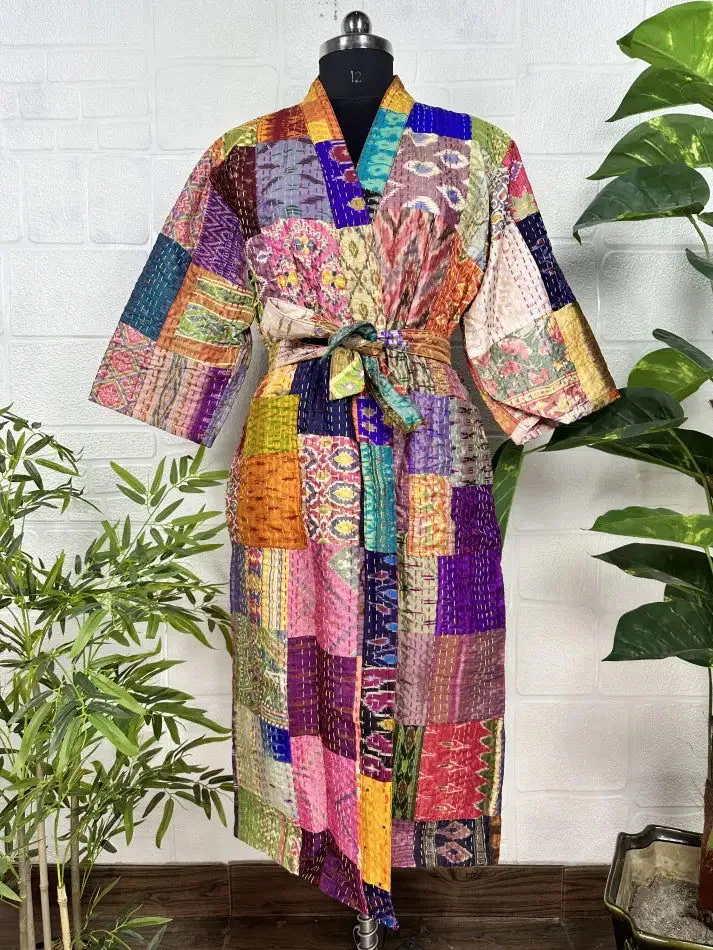 Kantha Pure Cotton Reversible Long Kimono Women Jacket Patchwork Print Multicolor