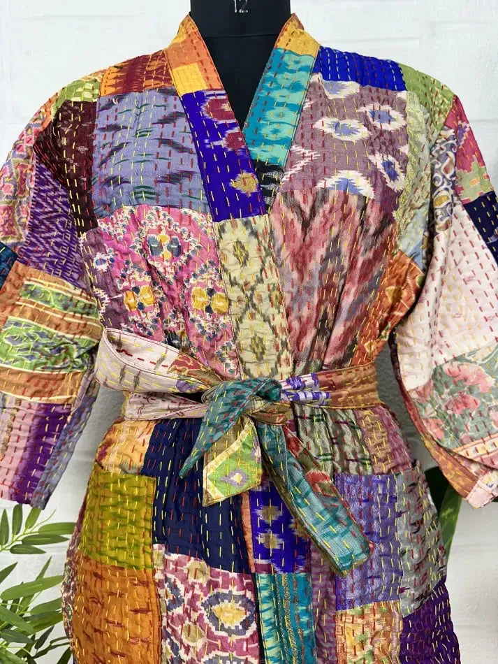 Kantha Pure Cotton Reversible Long Kimono Women Jacket Patchwork Print Multicolor