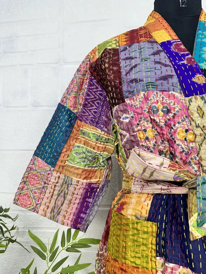 Kantha Pure Cotton Reversible Long Kimono Women Jacket Patchwork Print Multicolor