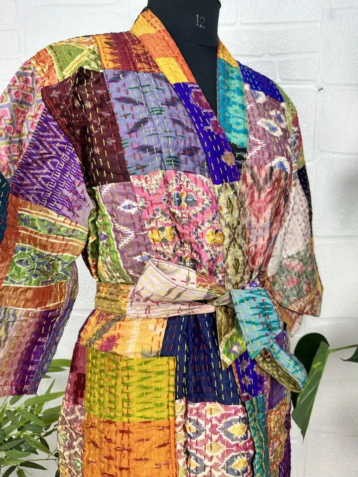 Kantha Pure Cotton Reversible Long Kimono Women Jacket Patchwork Print Multicolor