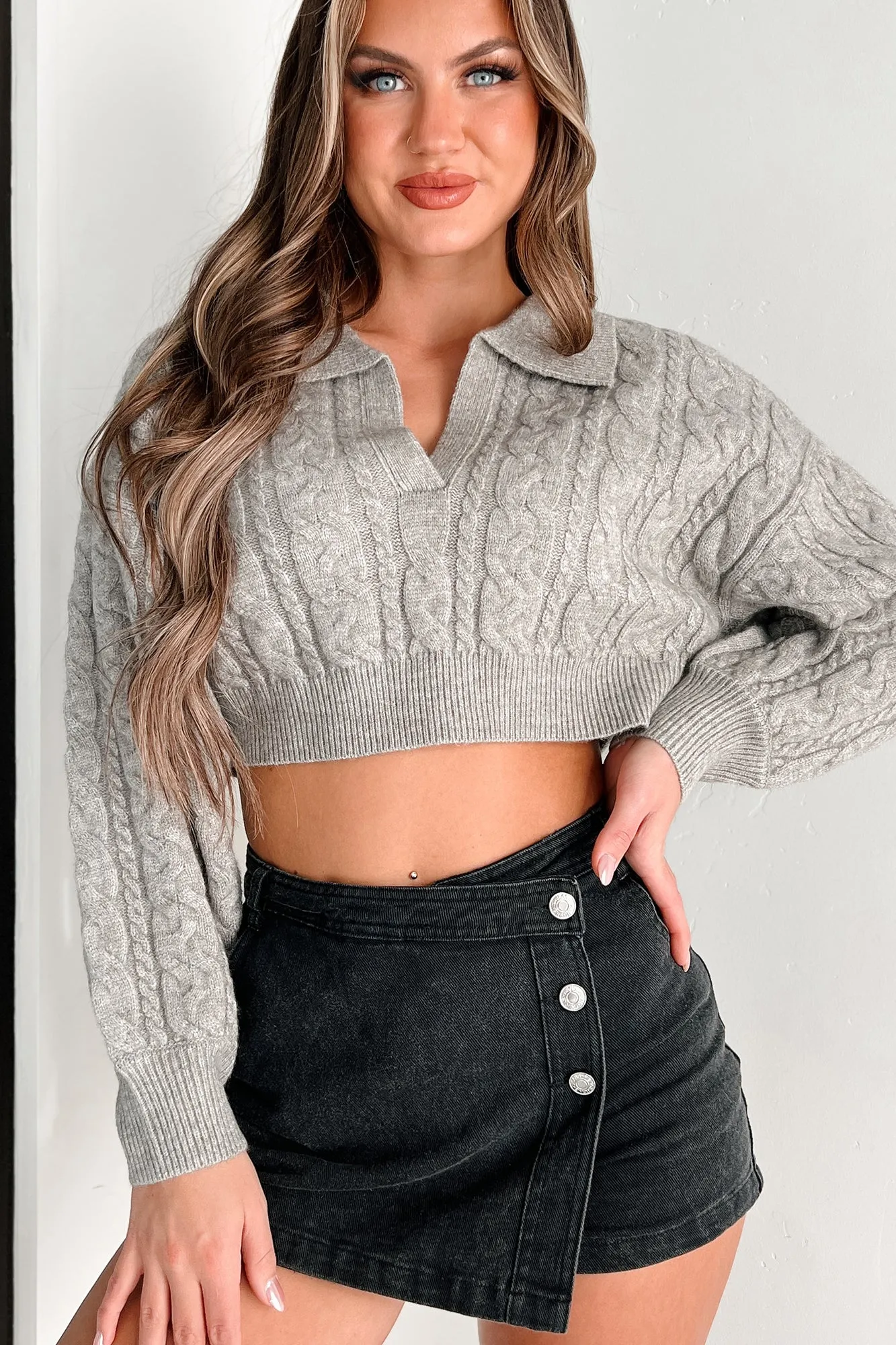 Know Me Well Cable Knit Crop Sweater (Heather Grey)