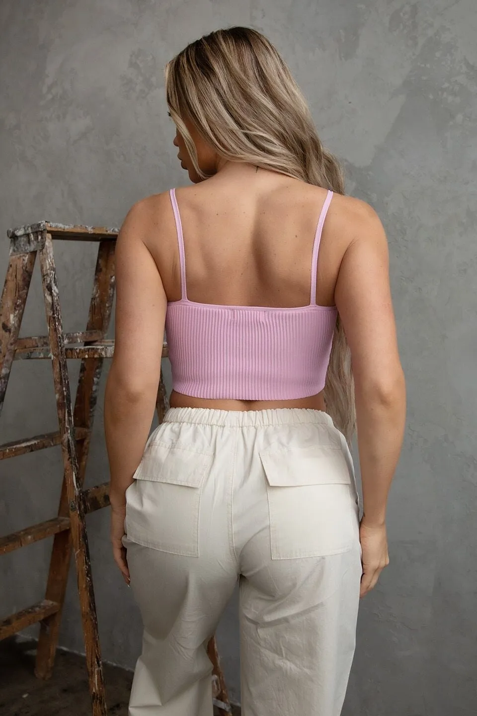 Krizia Spaghetti Strap Ribbed Knit Crop Top Blush