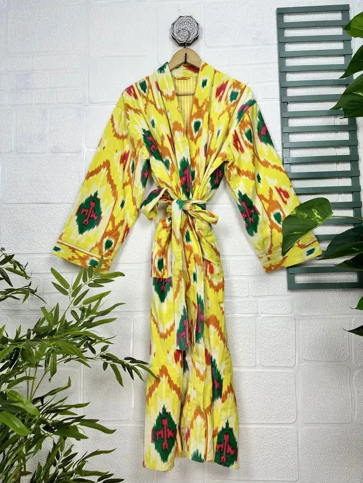 Luxury Velvet House Robe Unisex Kimono Jacket Reversible Silk Lined Autumn Winter Gift Elegant Ikat Yellow Malibu Bluish Valentine Love