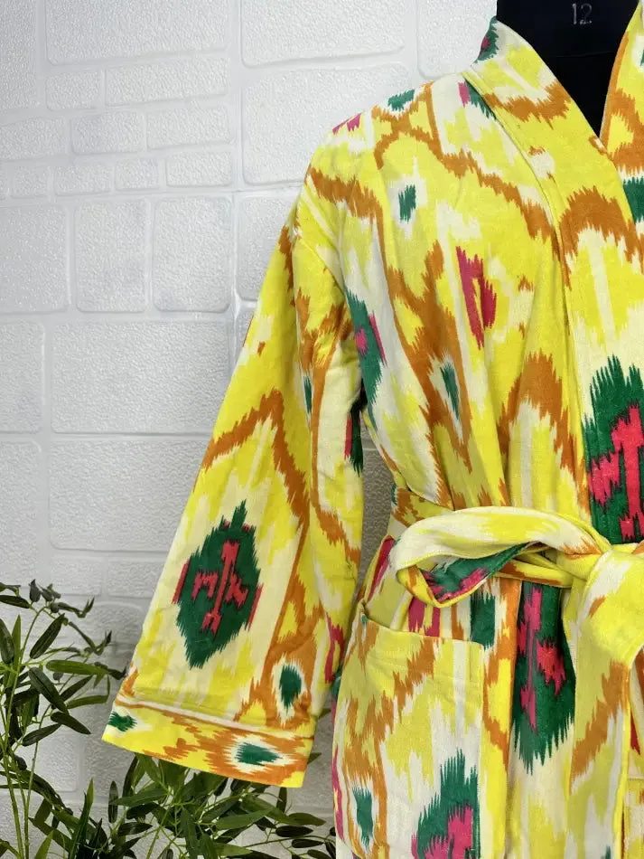 Luxury Velvet House Robe Unisex Kimono Jacket Reversible Silk Lined Autumn Winter Gift Elegant Ikat Yellow Malibu Bluish Valentine Love