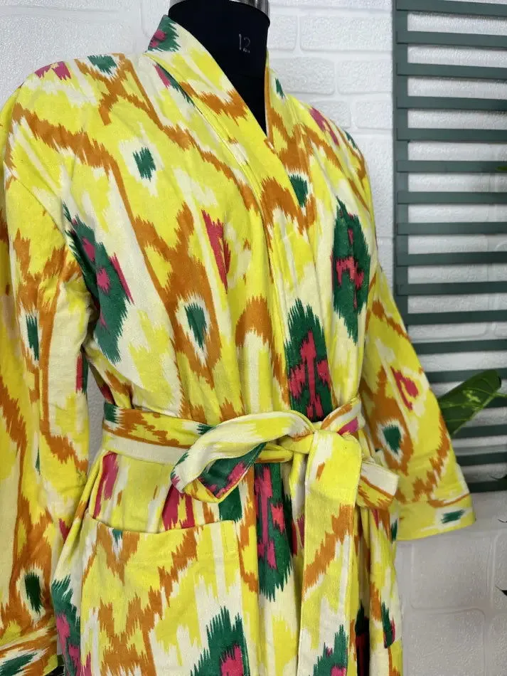 Luxury Velvet House Robe Unisex Kimono Jacket Reversible Silk Lined Autumn Winter Gift Elegant Ikat Yellow Malibu Bluish Valentine Love