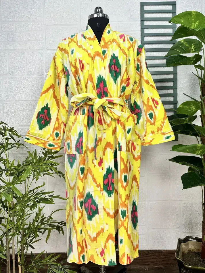 Luxury Velvet House Robe Unisex Kimono Jacket Reversible Silk Lined Autumn Winter Gift Elegant Ikat Yellow Malibu Bluish Valentine Love