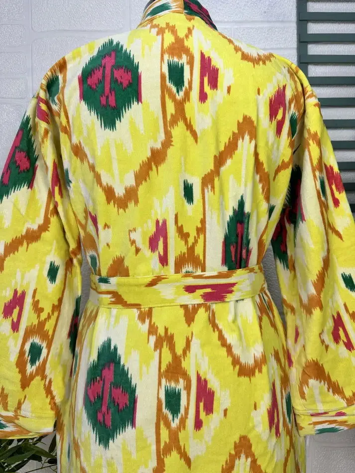 Luxury Velvet House Robe Unisex Kimono Jacket Reversible Silk Lined Autumn Winter Gift Elegant Ikat Yellow Malibu Bluish Valentine Love