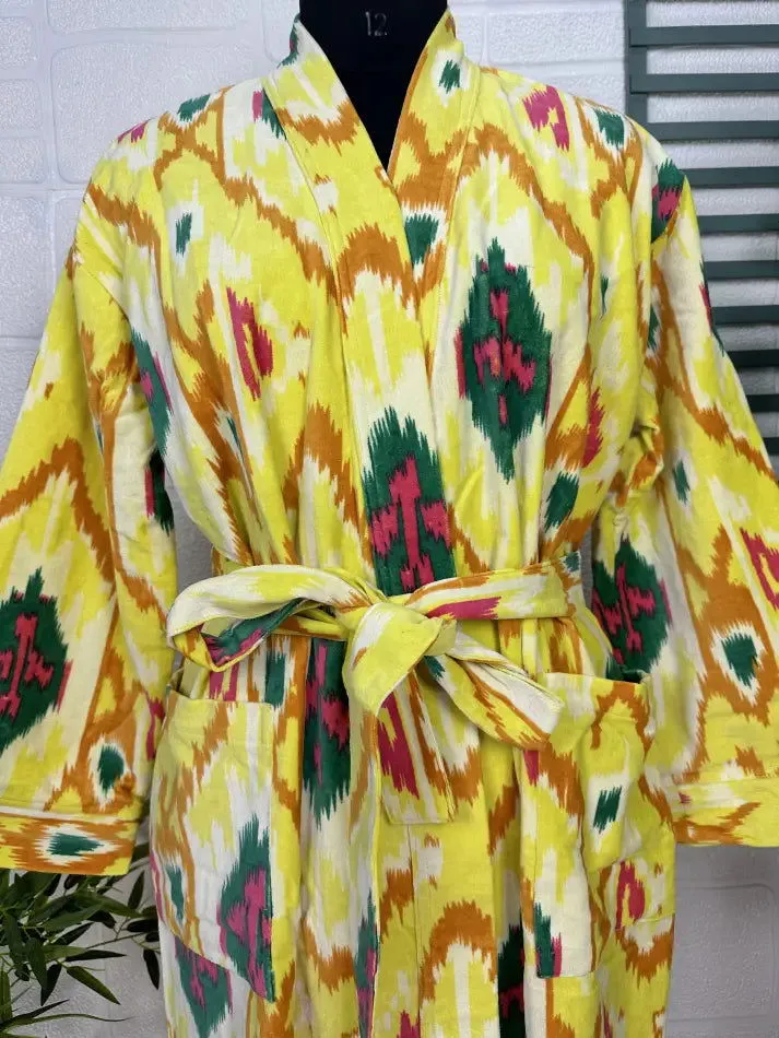 Luxury Velvet House Robe Unisex Kimono Jacket Reversible Silk Lined Autumn Winter Gift Elegant Ikat Yellow Malibu Bluish Valentine Love