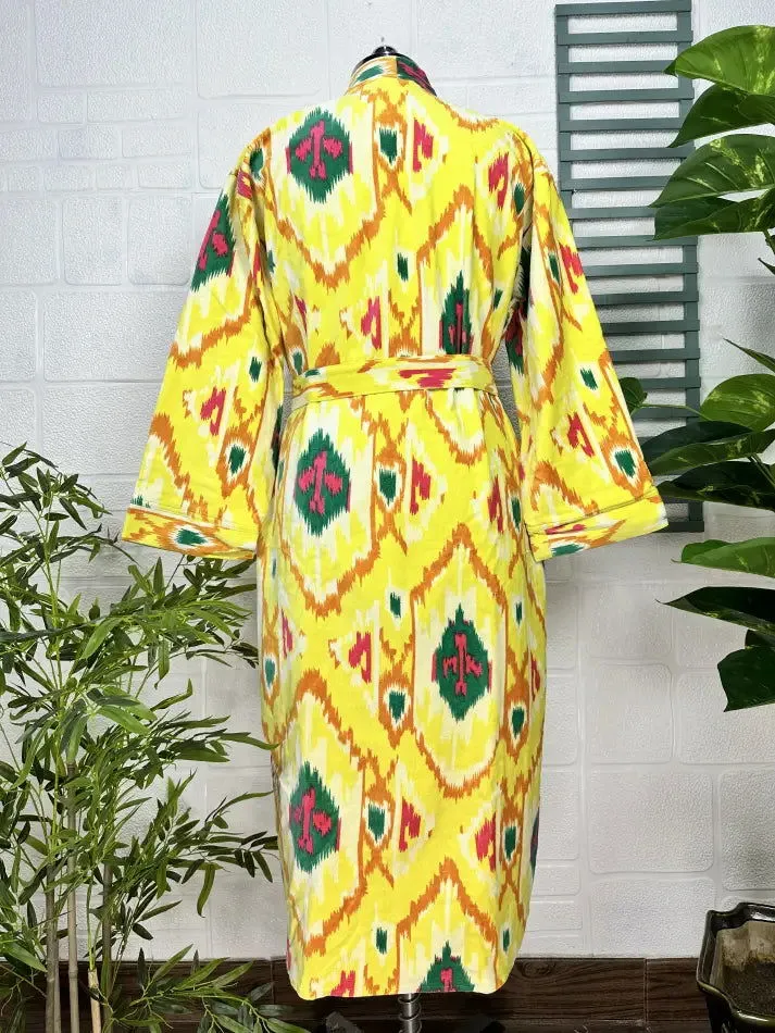 Luxury Velvet House Robe Unisex Kimono Jacket Reversible Silk Lined Autumn Winter Gift Elegant Ikat Yellow Malibu Bluish Valentine Love