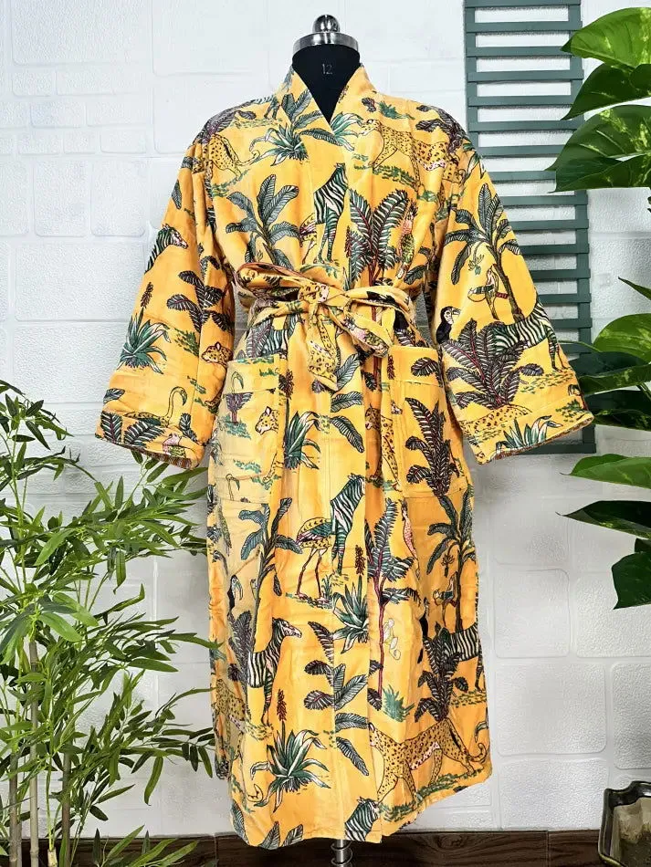 Luxury Velvet House Robe Unisex Kimono Jacket Reversible Silk Lined Autumn Winter Gift Elegant Jungle Yellow Malibu Bluish Valentine Love