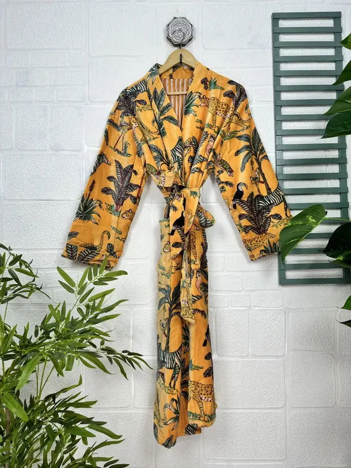 Luxury Velvet House Robe Unisex Kimono Jacket Reversible Silk Lined Autumn Winter Gift Elegant Jungle Yellow Malibu Bluish Valentine Love