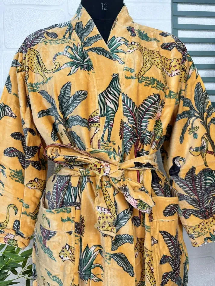 Luxury Velvet House Robe Unisex Kimono Jacket Reversible Silk Lined Autumn Winter Gift Elegant Jungle Yellow Malibu Bluish Valentine Love