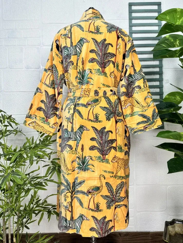 Luxury Velvet House Robe Unisex Kimono Jacket Reversible Silk Lined Autumn Winter Gift Elegant Jungle Yellow Malibu Bluish Valentine Love