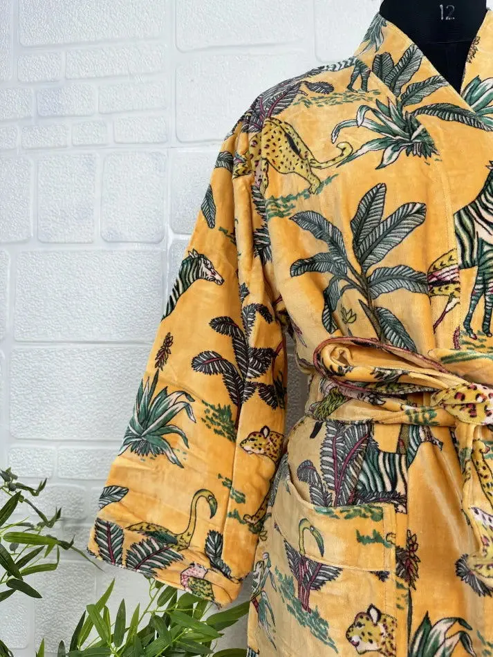 Luxury Velvet House Robe Unisex Kimono Jacket Reversible Silk Lined Autumn Winter Gift Elegant Jungle Yellow Malibu Bluish Valentine Love