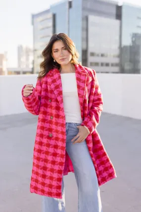 Madison Long Sleeve Houndstooth Print Tweed Coat Pink