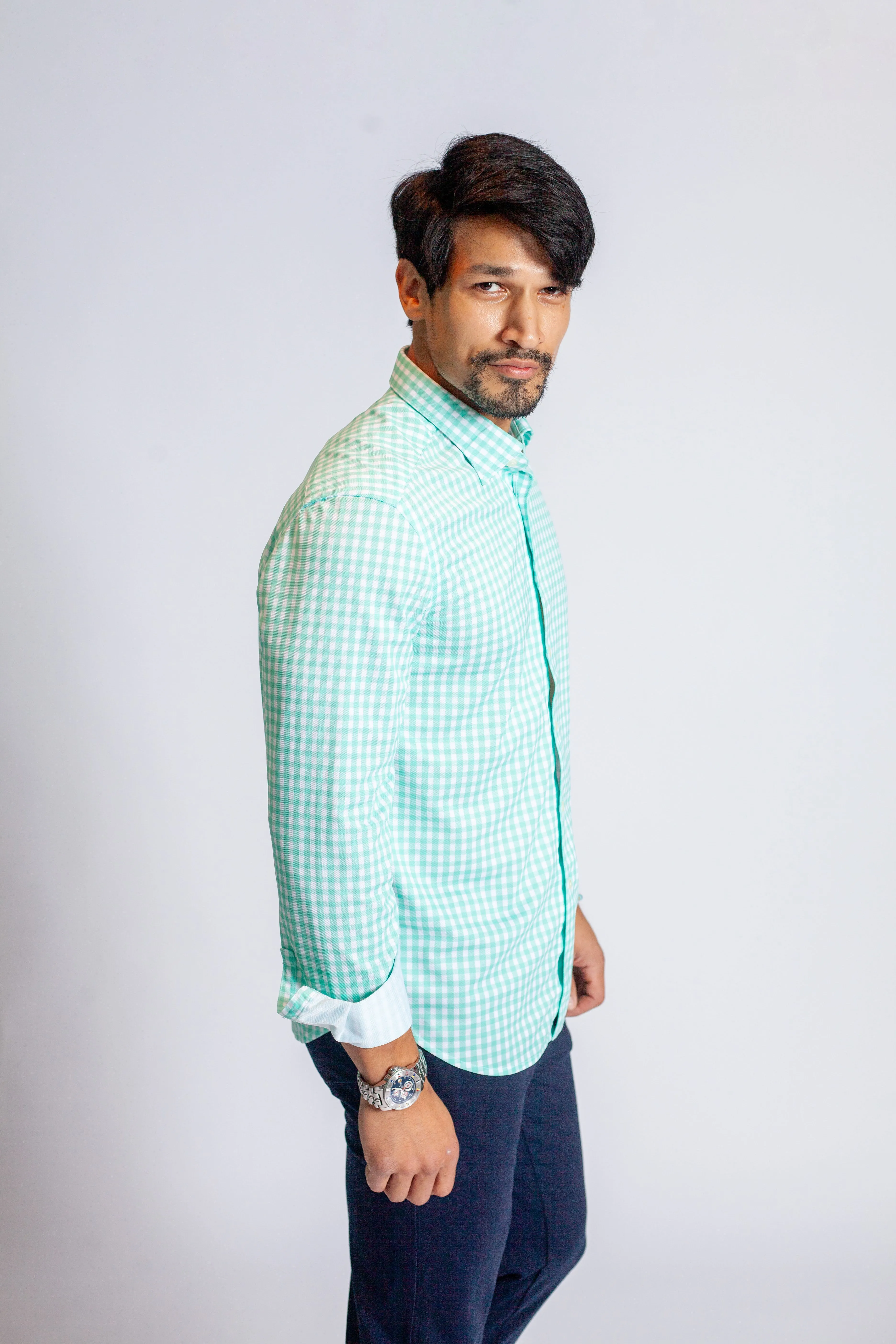 Mauro Long Sleeve Check Tech Shirt - Emerald